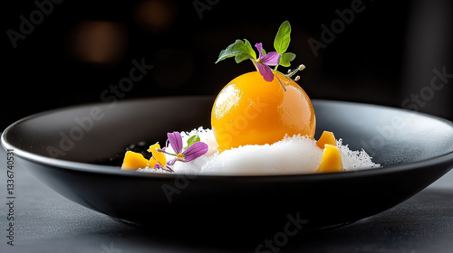 Vibrant citrus dessert with edible flowers on black plate in dim lighting