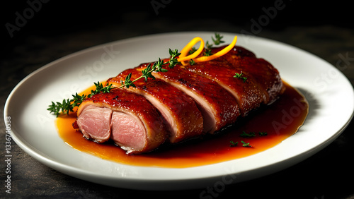 Obraz na płótnie Glazed Roast Duck Slices with Rich Sauce and Fresh Herbs on White Plate w salonie