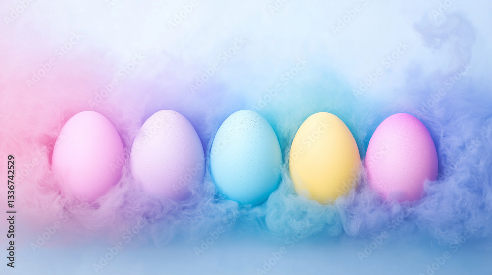Fototapeta premium A row of pastel-colored eggs emerges from a dreamy mist, symbolizing mystery, transition, and renewal.