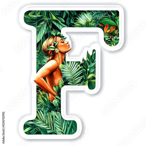 "Nature's Embrace: Captivating watercolor illustration of a woman intertwined with lush greenery and the letter F, inviting a sense of natural beauty and tranquility."
