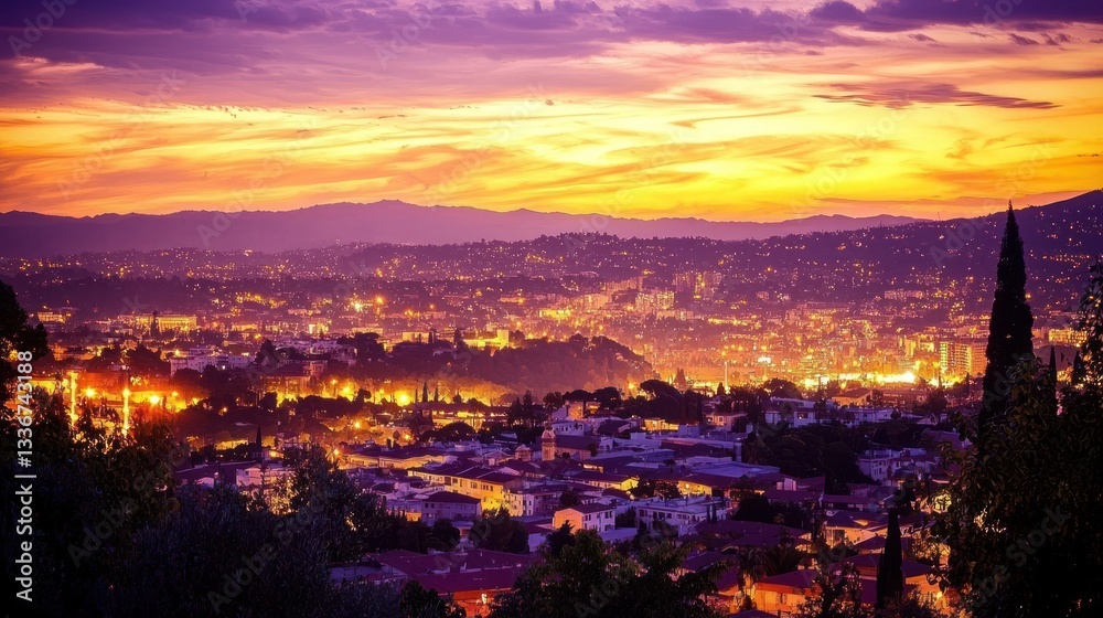 Fototapeta premium Nightfall over the Cityscape: A Panoramic View of Urban Lights at Sunset