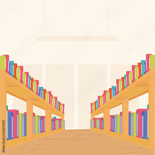 Library archive room with rows of shelves full of books. Flat design style