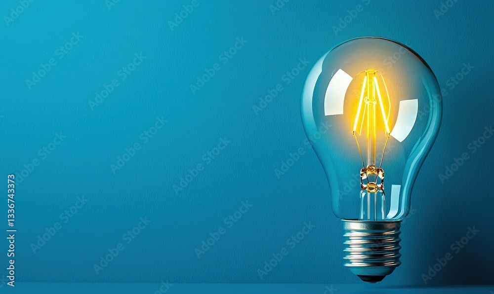 A glowing filament bulb emits light on a blue surface, projecting light with a clear glass casing A glowing filament bulb emits light on a blue surface, projecting light with a clear glass casing