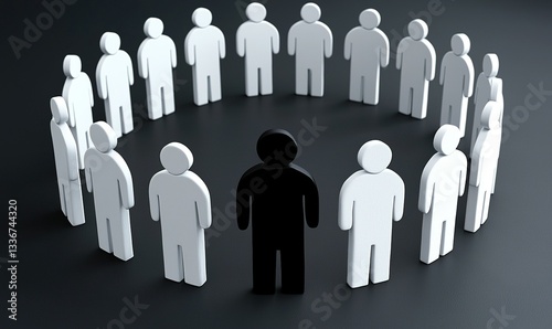 A group of white figurines encircles one in black, symbolizing diversity, inclusion, and differences