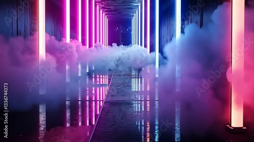 Neon tunnel with fog and reflections