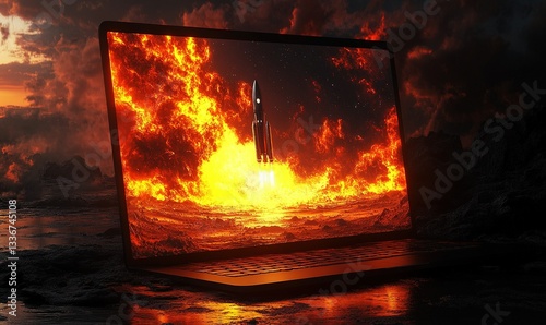 A laptop displays a rocket launching in a fiery landscape, symbolizing ambition and future. Scenic, bright screen, dark edges