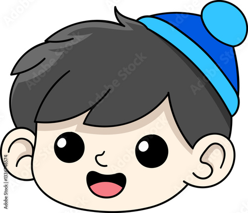 Cute Cartoon Boy Face with Blue Winter Hat and Happy Expression