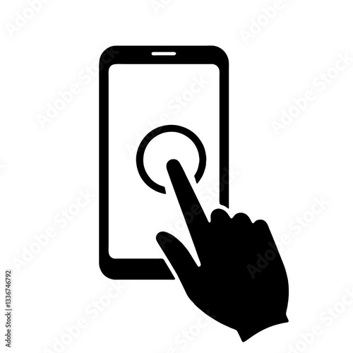スマホの画面をタッチ操作している手のシンプルな黒いシルエットイラスト　透過背景の切り抜き