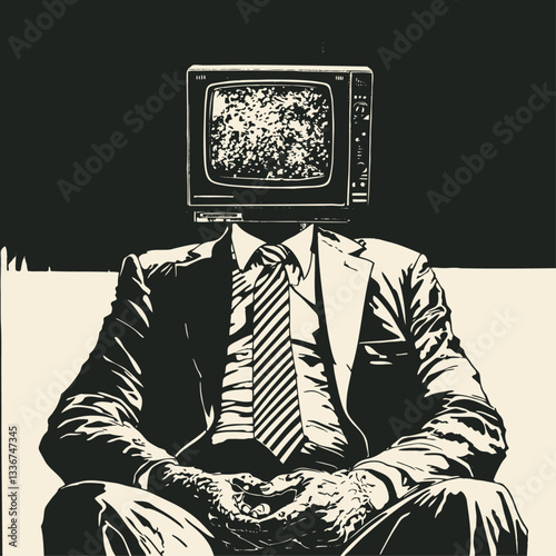 Vector illustration of a businessman in suit and tie with vintage television for head. Minimalist black and white design depicting media influence on modern identity.