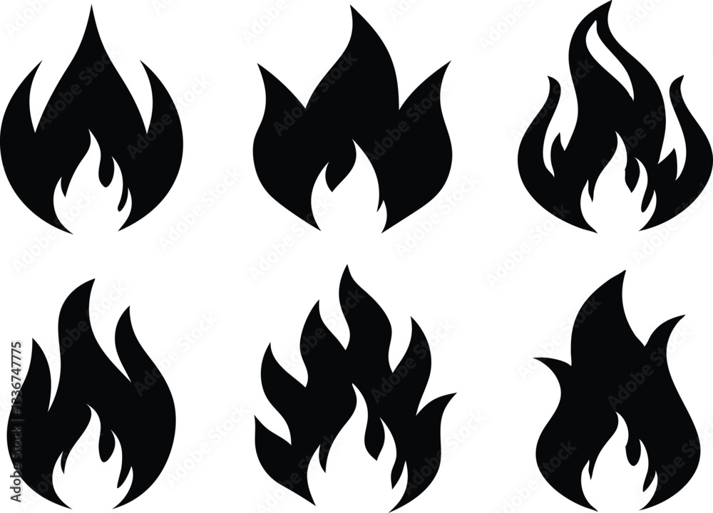 Fire flame icon vector set, Fire silhouette vector Fire flame icon vector set, Fire silhouette vector