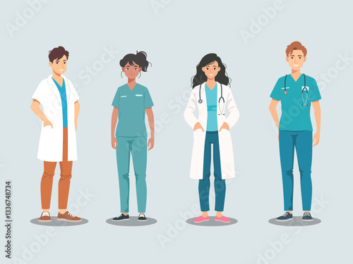 Vector illustration of medical professional, including doctors and nurses in scrub and lab coat, standing as a team. Flat design of hospital staff for healthcare, medical, and clinic-related concepts.