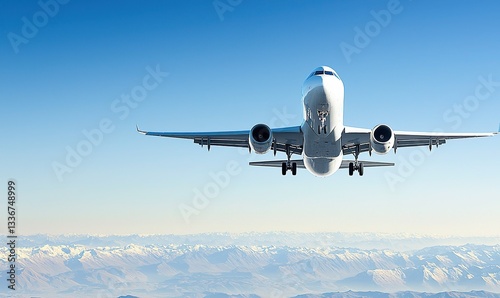 A passenger plane soars through a vibrant blue sky above snowcapped mountains, creating a serene travel scene