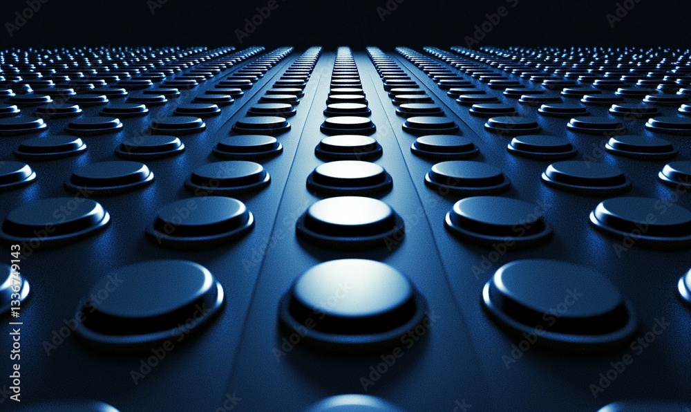 Fototapeta premium A pattern of repetitive buttons with smooth surface illuminated with moody dark blue light
