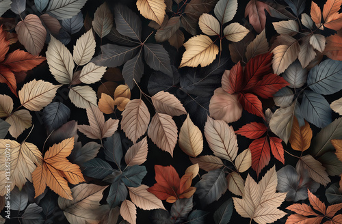 Colorful autumn leaves background. Top view of a colorful fall foliage pattern. Abstract nature wallpaper with a texture of red, orange, and yellow fall leaves. Close-up shooting, 4K resolution, ultra