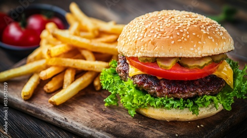Tempting Burger with Grilled Beef Patty Melted Cheese Fresh Vegetables and Golden French Fries