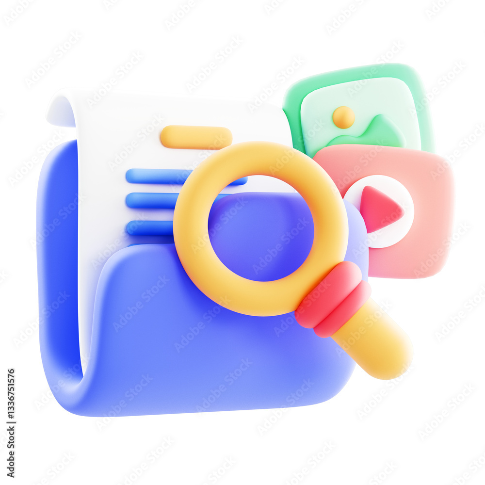 3D illustration of media file content management featuring a magnifying glass, image and video files, and a database search concept for document organization. isolated on transparent background 3D illustration of media file content management featuring a magnifying glass, image and video files, and a database search concept for document organization. isolated on transparent background