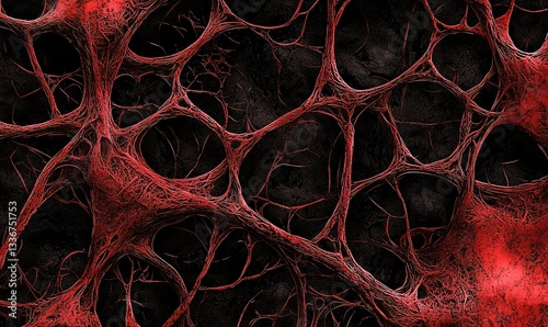 A red-veined, organic-looking network spans across a dark, textured background, creating a visually striking pattern