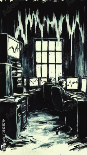 Dynamic Seismograph Analysis: Experts at Work in Dark Tech Office with Real-Time Data on Monitors, Large Window, Stacks of Papers Reflecting Intense Research