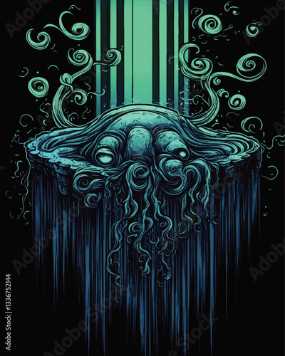 Mystical Tentacled Creature with Swirling Tendrils and Cosmic Energies in Vibrant Turquoise Hues - Surreal Vector Art of Underwater Fantasy and Sci-Fi Realms