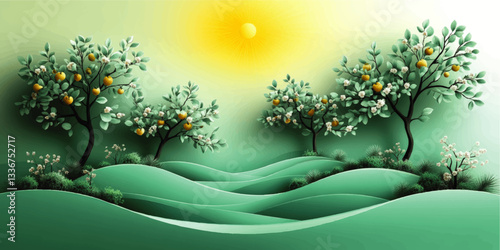 Serene Green Landscape with Lemon Trees and Blossoms Under Bright Sun in Artistic Vector Illustration for Nature Lovers and Graphic Design Inspiration