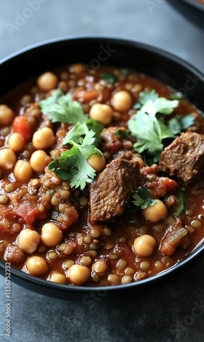A savory stew with lentils, chickpeas, and meat in a black bowl, garnished with fresh cilantro on a stone surface