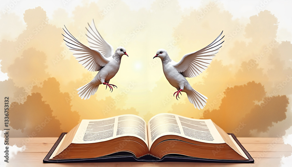 Naklejka premium Two White Doves Flying Above Open Book with Soft Golden Cloud Background