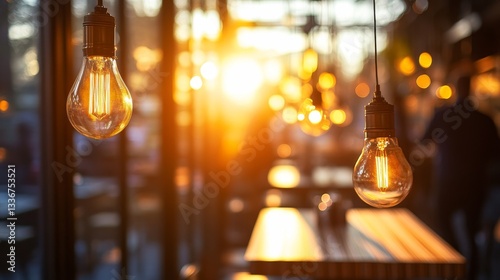 Soft golden light streaming through cafe with vintage bulbs during sunset