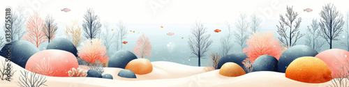Enchanting Underwater Coral Landscape Vector: Vibrant Marine Life, Colorful Coral Reefs, Tranquil Ocean Scene, Serene Aquatic Ecosystem, and Fish Illustration