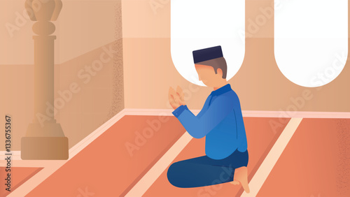 A man is praying in a mosque. Gradient brush style illustration