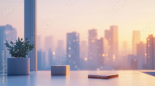 Sunrise city view from office desk with plant