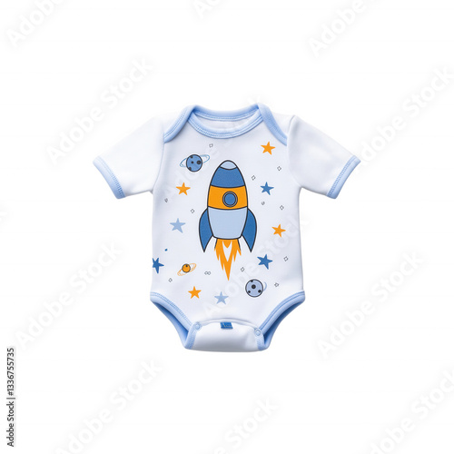 A colorful baby onesie featuring a rocket design with stars and planets, perfect for little space enthusiasts. isolated on transparent background