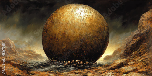 Surreal Vector Art of Giant Golden Sphere Amidst Rocky Terrain - Enigmatic Landscape with Dark Sky, Waves, and Mysterious Atmosphere for Unique Home Decor and Wall Art