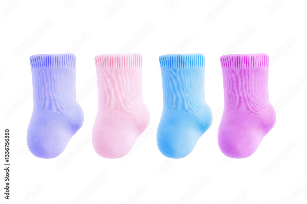 Colorful baby socks arranged in a row, showcasing a variety of pastel hues and playful designs. isolated on transparent background Colorful baby socks arranged in a row, showcasing a variety of pastel hues and playful designs. isolated on transparent background