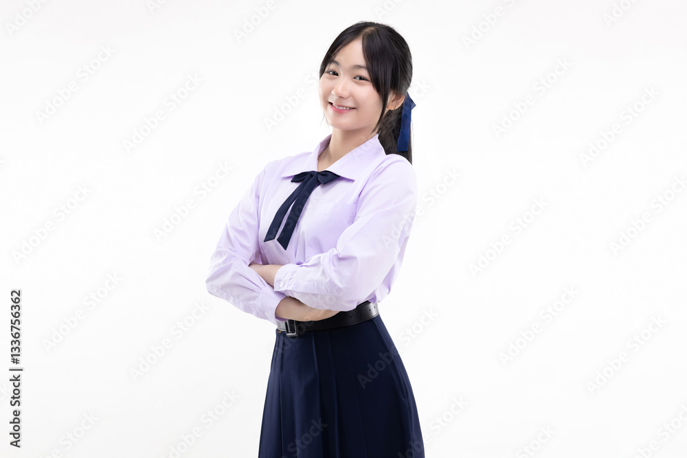 Portrait of happy pretty Asian student girl in school uniform isolated on white background. Portrait of happy pretty Asian student girl in school uniform isolated on white background.