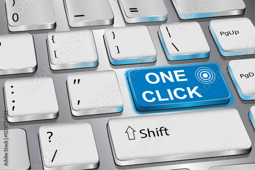 One Click: the inscription on the keyboard button. Blue color. Vector graphics.