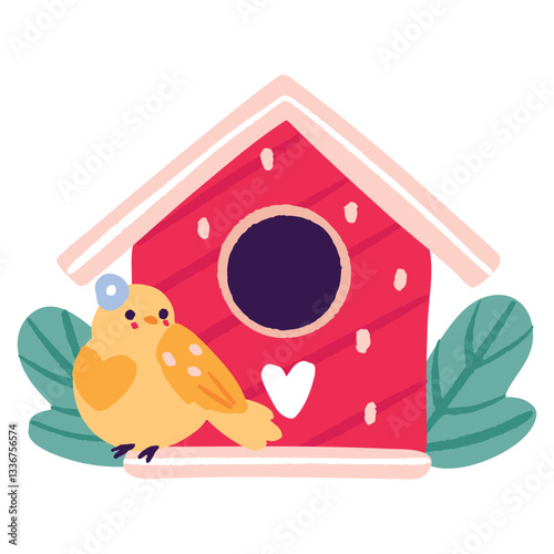 Whimsical vector illustration of a red wooden birdhouse surrounded by leaves, with a cheerful yellow bird. A perfect fit for eco-friendly designs, children’s books, and seasonal decorations.