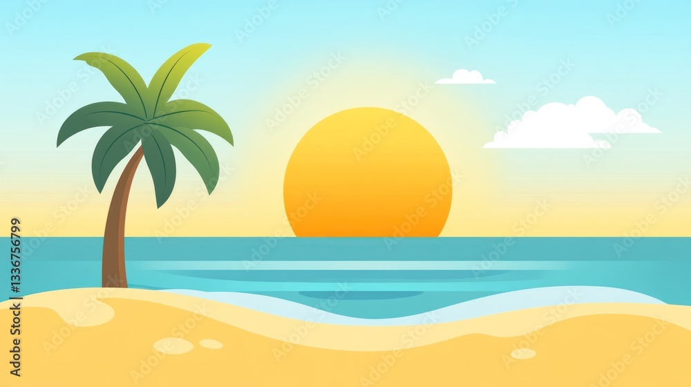 Obraz premium Beach Sunset Scene Illustration