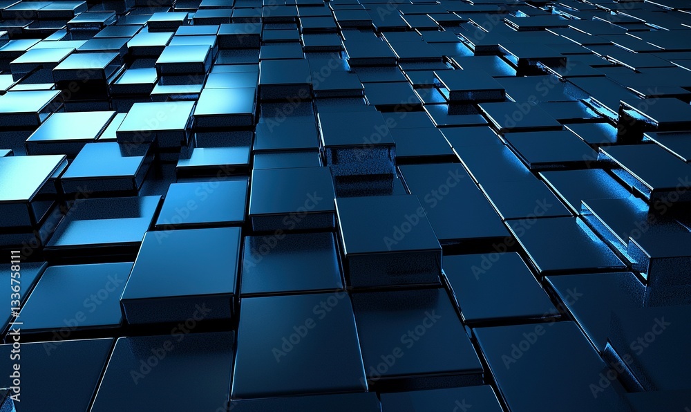 Naklejka premium A textured blue surface filled with many squares, reflecting light. Digital, modern and interesting background with simple shapes