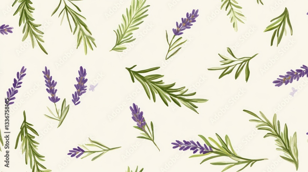 Lavender and Rosemary Pattern on Light Background Lavender and Rosemary Pattern on Light Background