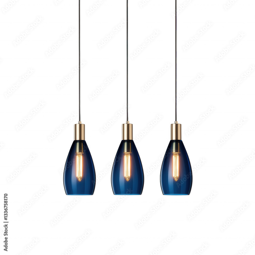 Naklejka premium Three stylish pendant lights with a blue glass design and warm bulb illumination. isolated on transparent background
