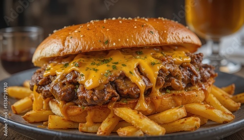 Wallpaper Mural Juicy cheeseburger and fries restaurant food photography indoor setting close-up comfort food Torontodigital.ca