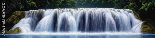 Stunning Vector Image of a Serene Waterfall Cascading in a Lush Forest Greenery and Tranquil Pool | Nature Scene with Cascading Falls, Forest, Peaceful Vibes, High Quality Vector