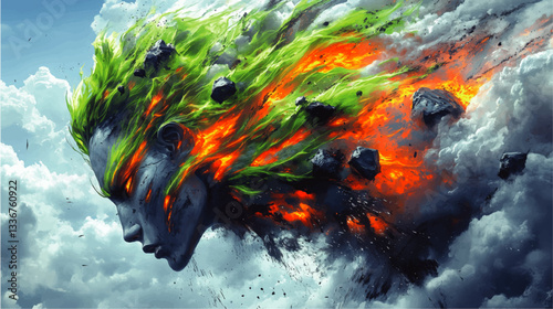 Stunning Vector Art of Fiery Elemental Face with Green Flaming Hair Amidst Clouds and Meteors - Ethereal Fantasy Digital Illustration with Dramatic Elements