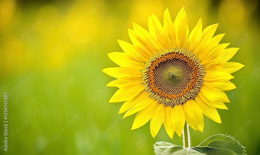 Fototapeta premium A vibrant sunflower blooms, its golden petals radiating against a soft, blurred green background