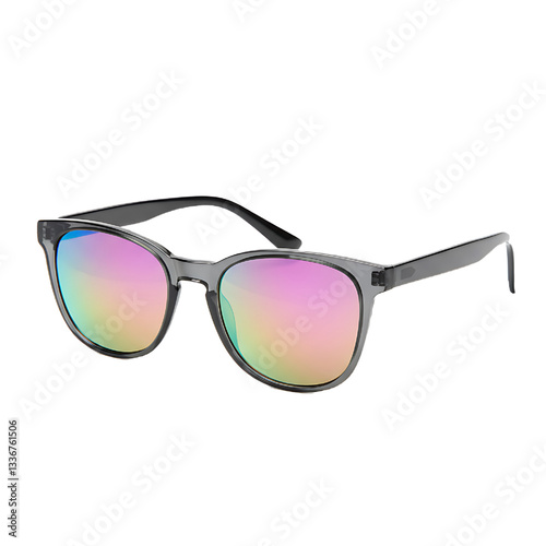 pair of trendy sunglasses with reflective lenses isolated on white background 