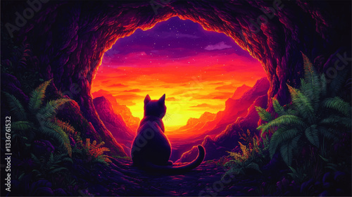 Captivating Vector Image of Enchanted Cat Gazing at Vibrant Sunset from Lush Cave with Ferns at Forest Cliff Overlooking Majestic Mountains and Starry Sky