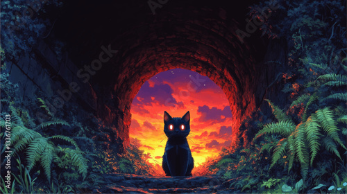 Enigmatic Black Cat in Mysterious Tunnel with Vibrant Sunset Colors, Glowing Eyes, and Lush Foliage - Captivating Vector Art for Nature and Fantasy Lovers