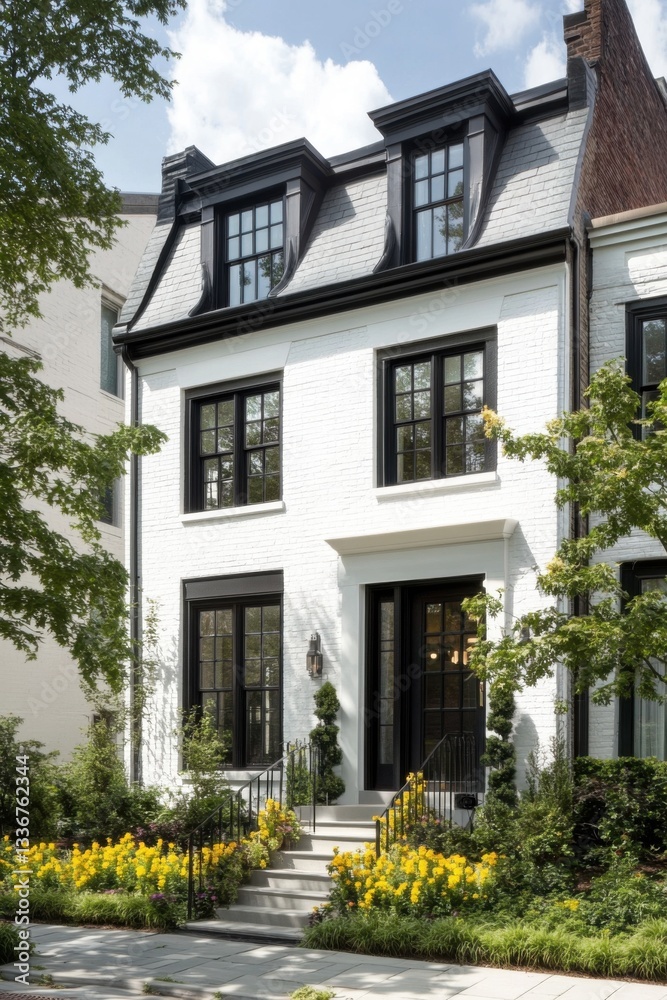 This delightful modern home features a bright and inviting exterior, beautifully complemented by a vibrant garden, all set within a peaceful residential neighborhood on a lovely sunny day This delightful modern home features a bright and inviting exterior, beautifully complemented by a vibrant garden, all set within a peaceful residential neighborhood on a lovely sunny day