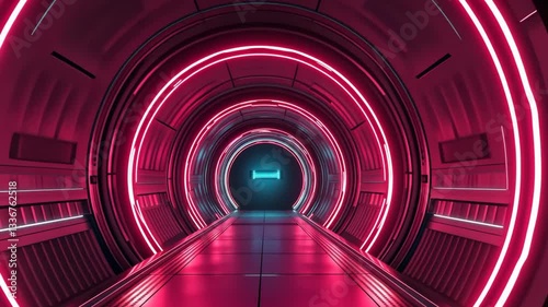 Futuristic reg neon tunnel with vibrant moving lights and symmetrical patterns