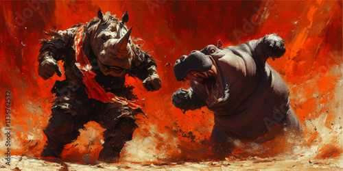 Epic Vector Art of Armored Rhinoceros and Fierce Hippopotamus Battling in Intense Fiery Dynamic Duel Against Fiery Background - Powerful Animal Showdown